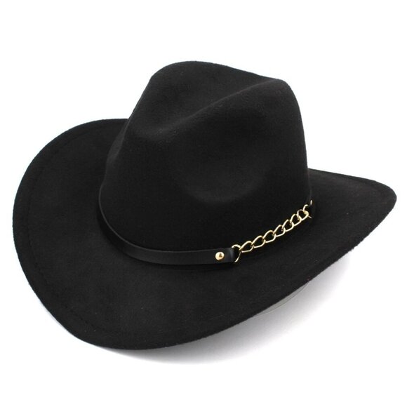 Black Western Cowboy Hat Wide Brim Fedora Style with Chain Band for Men & Women - Picture 1 of 5